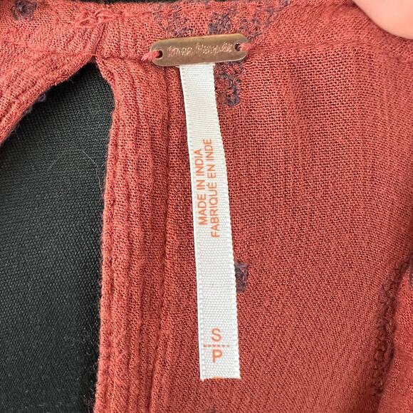 FREE PEOPLE Orange Tunic Top Rayon Diamond Embroidered Ribbed VNeck Size Small S - Picture 7 of 9